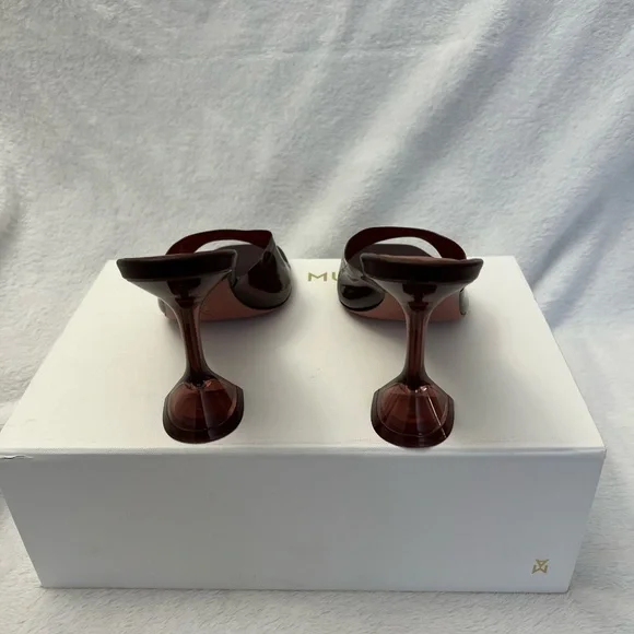 Authentic Amina Muaddi Lupita Glass mules in a rich wine / burgundy tone. - Picture 3 of 7